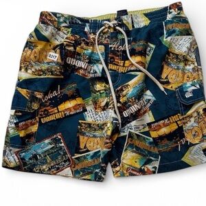 Caribbean Joe swim shorts with a multicolor graphic postcard print men’s Large